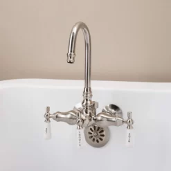 Clawfoot Tub Wall Mount Gooseneck Faucet With Porcelain Lever Handles For Riser Connection
