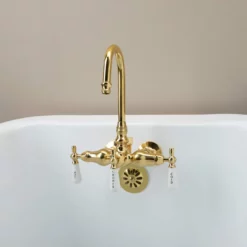 Clawfoot Tub Wall Mount Gooseneck Faucet With Porcelain Lever Handles For Riser Connection -VINTAGE TUB Store RM400TWSPB