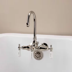 Clawfoot Tub Wall Mount Gooseneck Faucet With Porcelain Lever Handles For Riser Connection -VINTAGE TUB Store RM400TWSPN