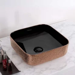 Isabella Plus Square Above Mount Basin - Black / Rose Gold Embossed Exterior