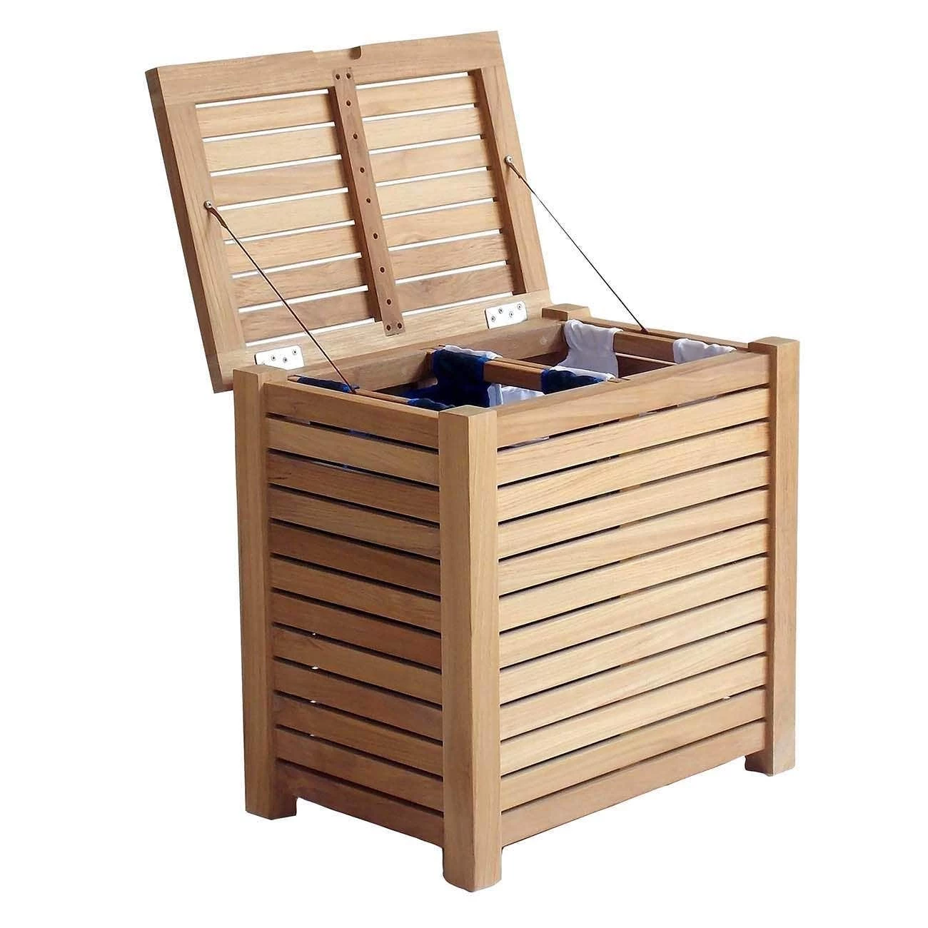 Teak Laundry Towel Box Hamper With 2 Sacks 4 Teak Laundry Towel Box Hamper With 2 Sacks - Image 2