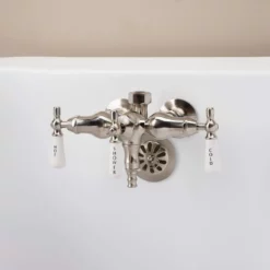 Clawfoot Tub Wall Mount Downspout Faucet With Porcelain Lever Handles For Riser Connection