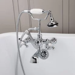 Low Spout British Telephone Clawfoot Faucet With Handshower & Metal Cross Handles
