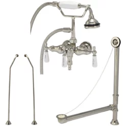 Clawfoot Tub Wall Mount Downspout Faucet With Handshower - Tub Drain And Supply Lines Complete Set