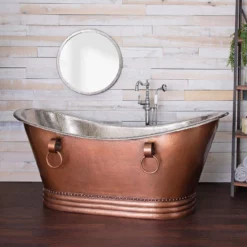 Juan 71 Inch Copper Freestanding Double Slipper Bathtub - Brown Copper / Satin Nickel