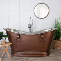 Jose 66 Inch Copper Freestanding Double Slipper Bathtub - Brown Copper / Satin Nickel