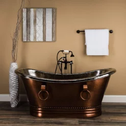Shea 62 Inch Copper Freestanding Double Slipper Bathtub - Medium Copper / Satin Nickel