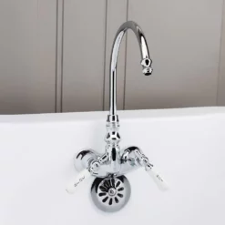 Gooseneck Clawfoot Tub Faucet With Porcelain Lever Handles - Chrome