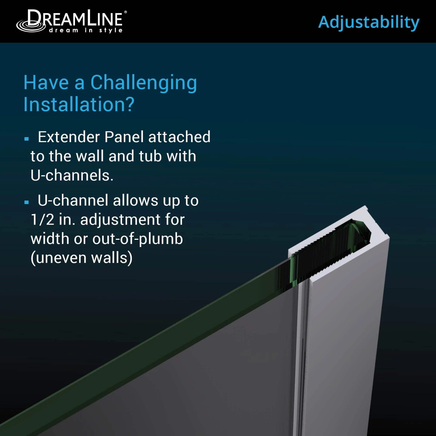 DreamLine Aqua Uno 56-60 Inch W X 58 Inch H Frameless Hinged Tub Door With Extender Panel 9 DreamLine Aqua Uno 56-60 Inch W X 58 Inch H Frameless Hinged Tub Door With Extender Panel - Image 7